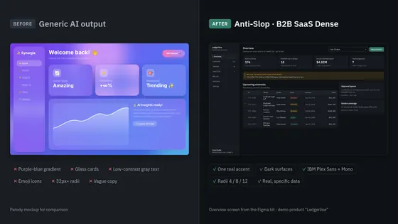 Before and after: generic AI output vs Anti-Slop B2B SaaS Dense